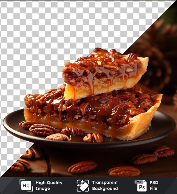 Transparent background with isolated crunchy pecan pie on a plate