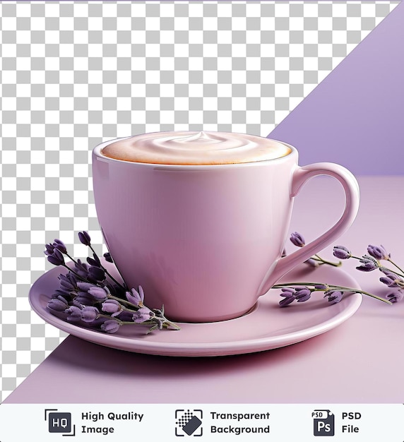 PSD transparent background with isolated cup of latte and flowers on a white plate placed on a transparent background against a purple wall with a white handle visible in the foreground