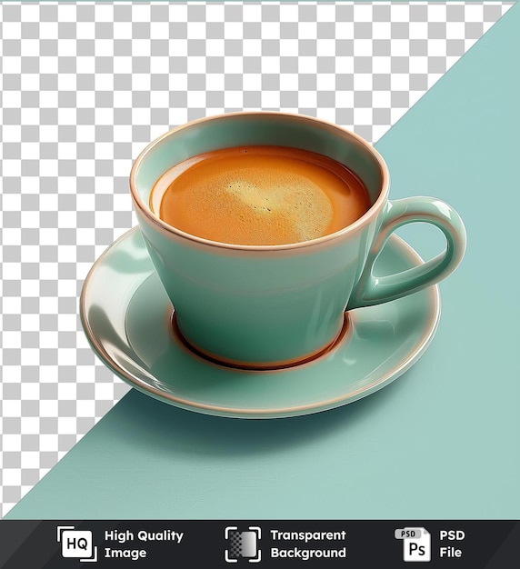 PSD transparent background with isolated cup of mocha coffee on a blue table accompanied by a blue and white saucer and a blue handle casting a blue shadow