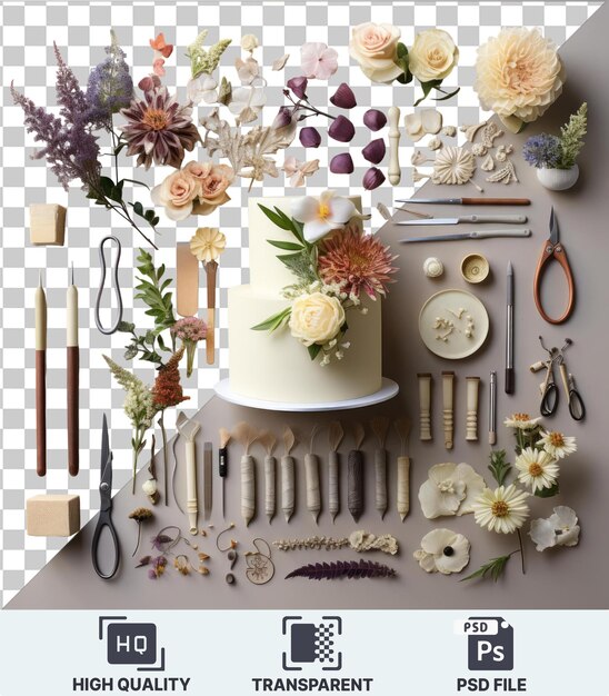 PSD Прозрачный фон с изолированными специальными инструментами для украшения торта устанавливает белый торт, украшенный разнообразными красочными цветами, включая белые оранжевые и фиолетовые цветы, а также серебряный нож и