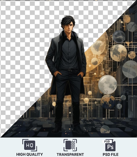 Transparent background with isolated custom graphic novel creation set a man in a black suit and pants stands in front of a black wall wearing black shoes and hair