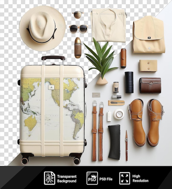 PSD transparent background with isolated custom luxury travel and luggage set featuring a white hat black handle green plant brown bottle and transparent background png psd