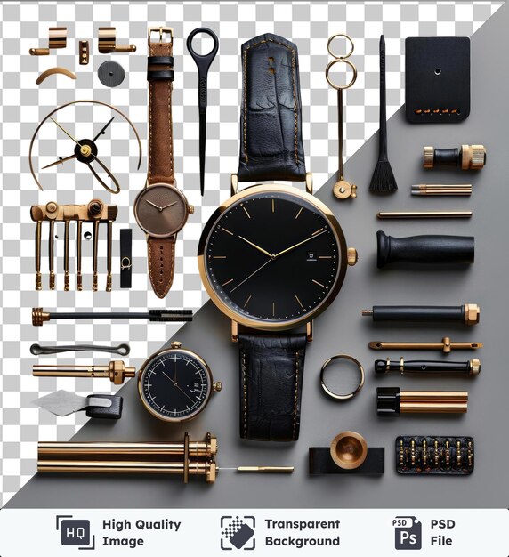 PSD transparent background with isolated custom luxury watch design tools set on a transparent background featuring a black watch a black and gold clock and a gold key