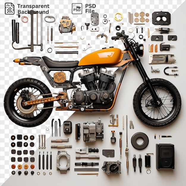 PSD transparent background with isolated custom motorcycle building tools set featuring a black tire orange seat and silver and black camera