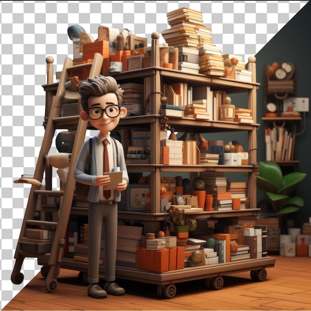 PSD transparent background with isolated d librarian cartoon organizing shelves of books the office