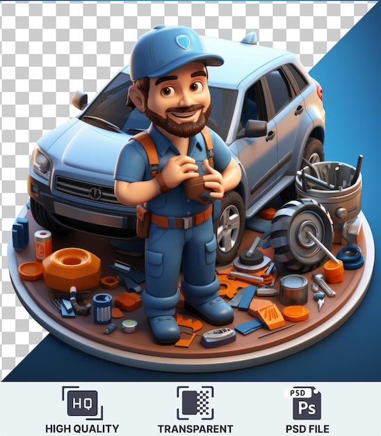 Transparent background with isolated d mechanic cartoon fixing a car