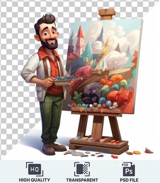 PSD transparent background with isolated d painter cartoon creating a masterpiece on a canvas