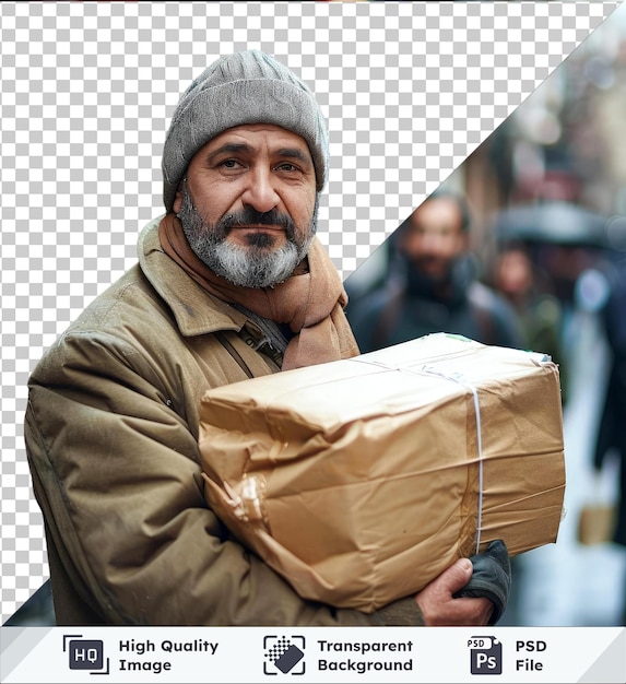 Transparent background with isolated delivery man delivering a package to a group of people including a standing man with a gray beard a man with a large nose and another man with a hand visible