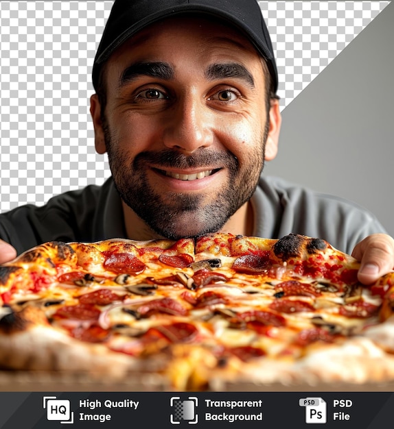 transparent background with isolated delivery man delivering a pizza smiling with unique features