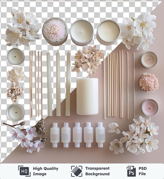 Transparent background with isolated diy candle crafting set featuring white flowers candles and bottles