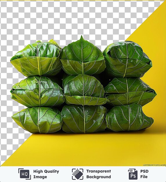 PSD transparent background with isolated dolma and green leaves on a yellow background