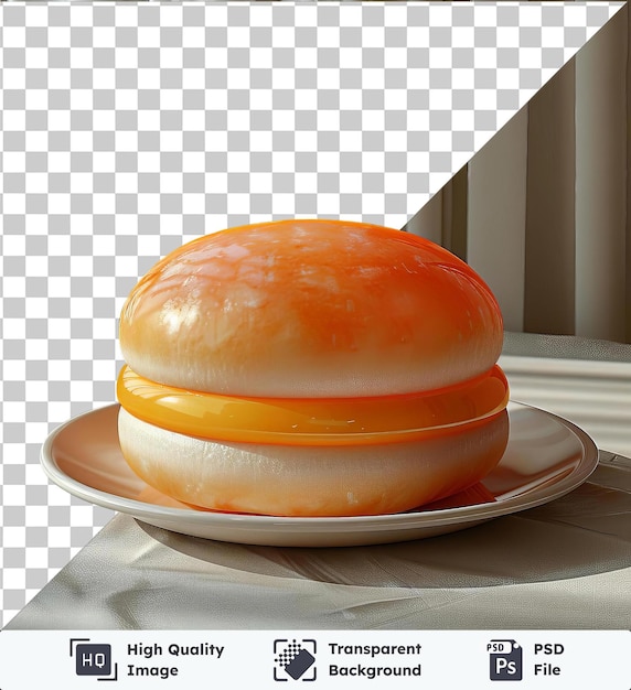 Transparent background with isolated dorayaki and an orange cake on a white plate placed on a transparent background with a white window in the background