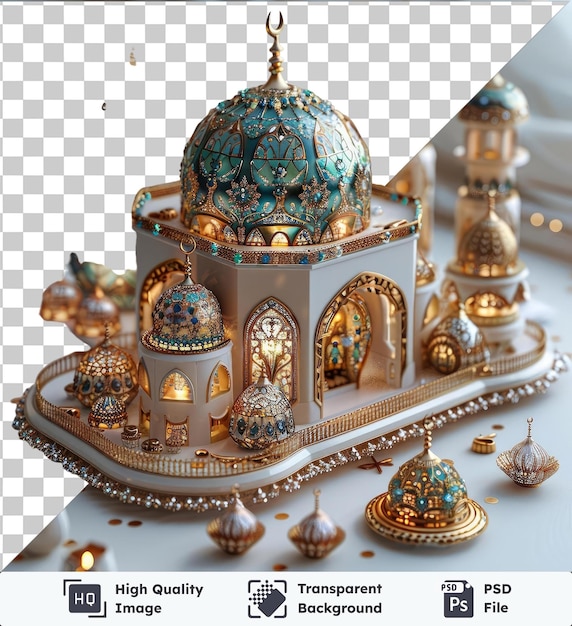 Transparent background with isolated eid al fitr decorations featuring a gold ball blue and gold dome and decorative ball