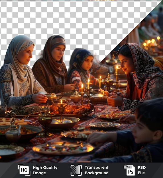 PSD Прозрачный фон с изолированной семьей эйд-аль-фитр, собирающейся вокруг стола, полного еды