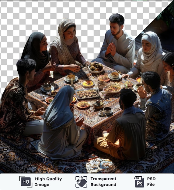 Transparent background with isolated eid al fitr family gathering around a table