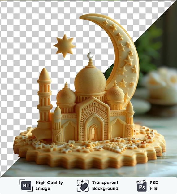PSD Прозрачный фон с изолированным тематическим печенье штампом для рамадана с золотой звездой, белым зданием и зеленым растением