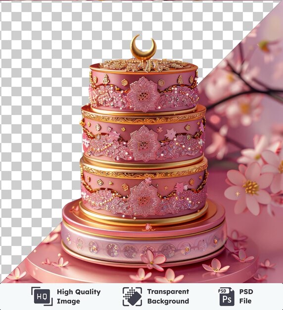 PSD transparent background with isolated eid themed greeting stamp set for ramadan featuring pink and white flowers a gold ring and a pink table