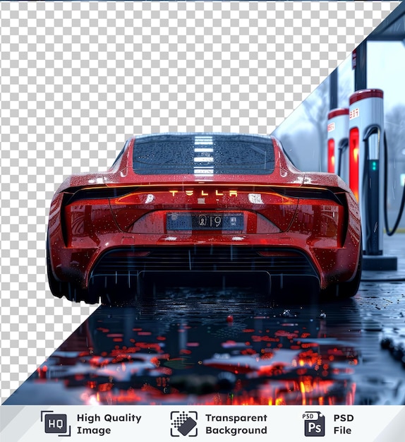 PSD transparent background with isolated electric red car refueling at a power pump