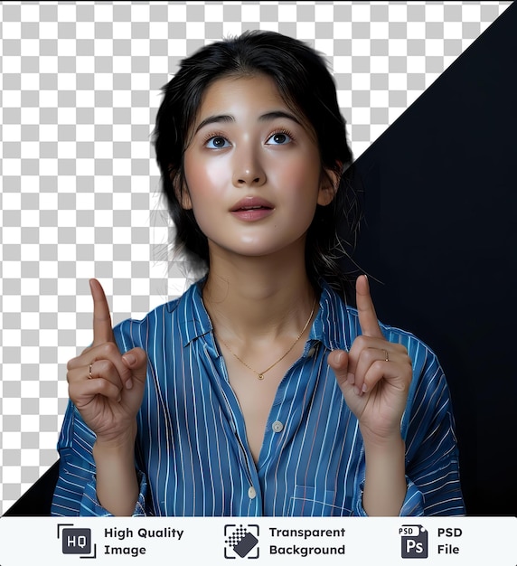 PSD transparent background with isolated excited asian woman wearing blue striped shirt pointing to emp