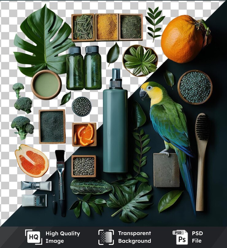 PSD transparent background with isolated exotic bird care essentials set on blue wall featuring a blue bottle green leaf blue and green bird yellow head orange orange and green leaf