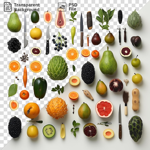 PSD transparent background with isolated exotic fruit carving tools set featuring a silver knife green pear orange orange and green avocado on a transparent background