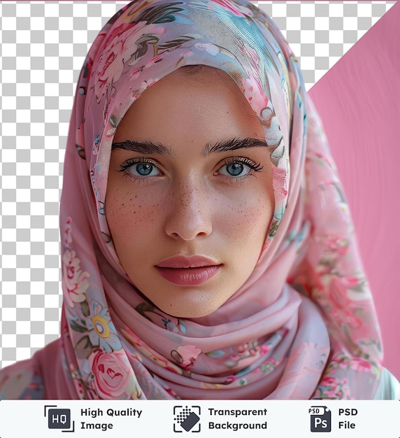 透明な背景で孤立したファシ女性はピンクのヒジャブと花のスカーフを着て,彼女の印象的な青と茶色の目,小さな鼻と黒い眉を展示しています.