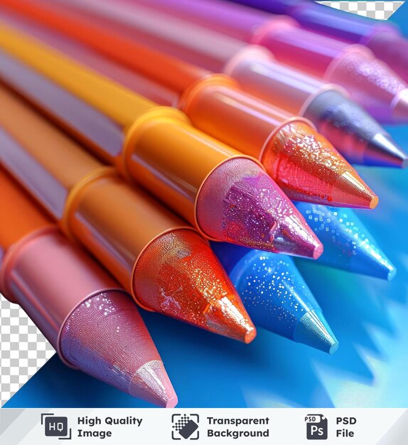 PSD sfondo trasparente con penna a punta di feltro isolata e matite colorate su un tavolo blu