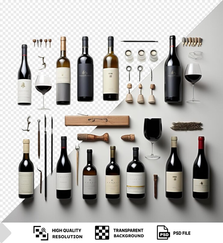 PSD transparent background with isolated fine wine collection set featuring black white and red bottles accompanied by a silver knife and a clear glass