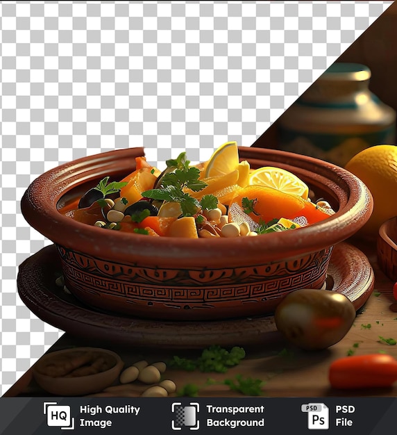 PSD Прозрачный фон с изолированным ароматным марокканским тагином с разнообразными красочными фруктами и овощами, включая апельсины, лимоны и коричневую миску, расположенную на деревянном столе с коричневым