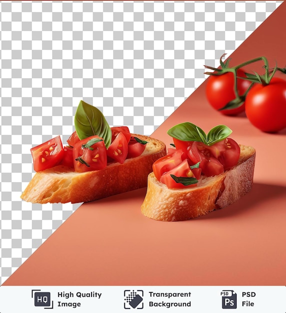 PSD 透明な背景はピンクの表面に孤立した味のあるトマトのブルシェッタパンです