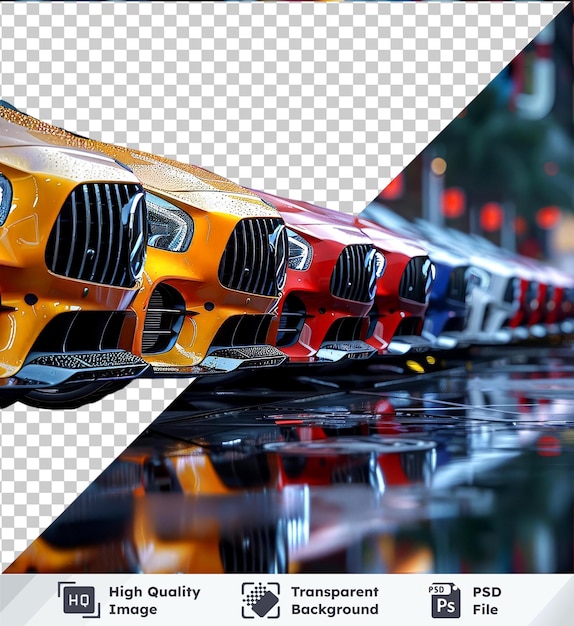 PSD transparent background with isolated fleet of cars in row mockup featuring a yellow black and red