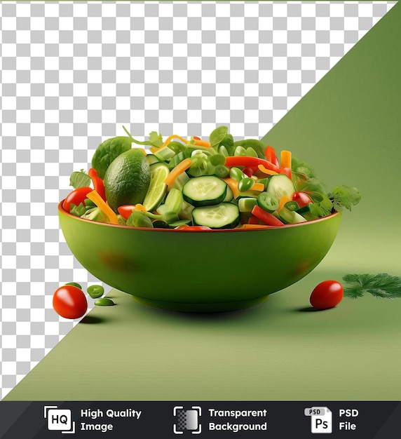 PSD transparent background with isolated fresh vegetable salad featuring sliced cucumber red tomato and orange carrot in a green bowl
