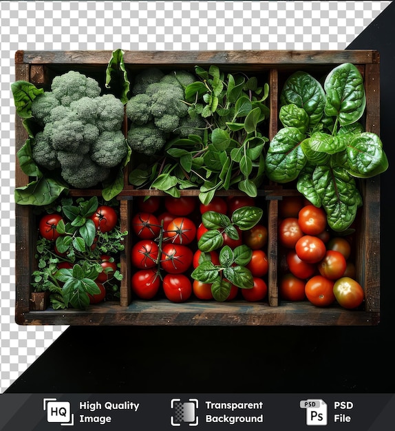 PSD transparent background with isolated fresh vegetables in a box top view