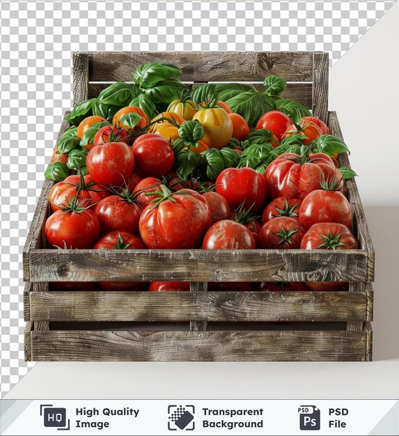 Transparent background with isolated fresh vegetables in a wooden box mockup