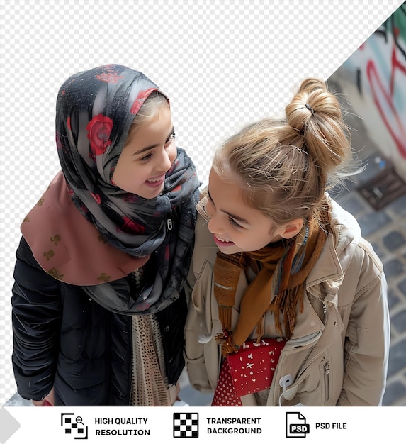 Transparent background with isolated friends including a young girl wearing a brown scarf and a black scarf and a woman with blond hair standing in front of a wall png psd