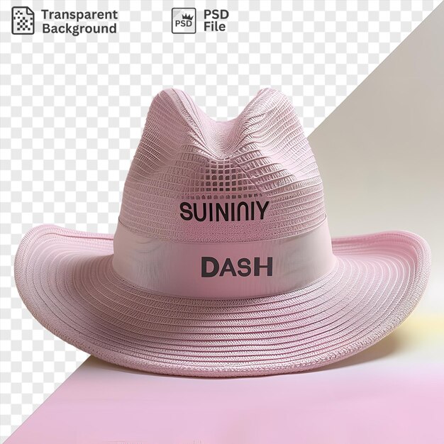 PSD transparent background with isolated front view capture a hat pink straw material fabric label