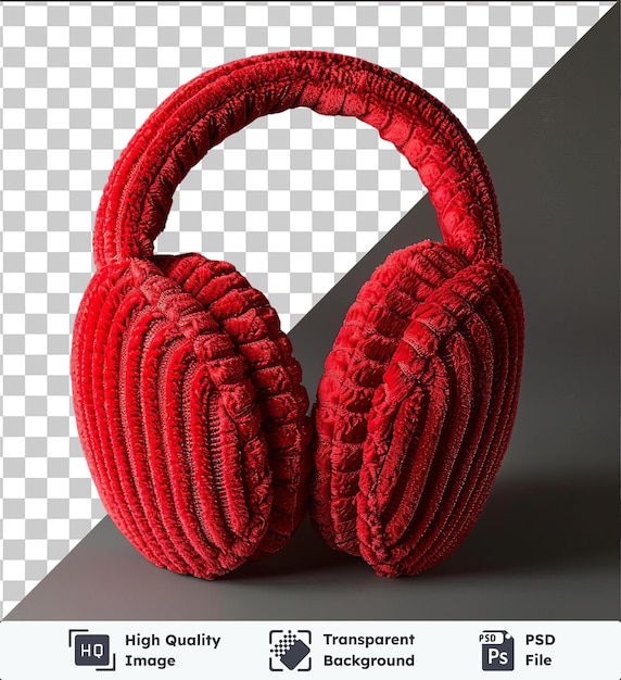 PSD transparent background with isolated front view capture a pair of earmuffs red fleece material fabric label no image to provide a caption for