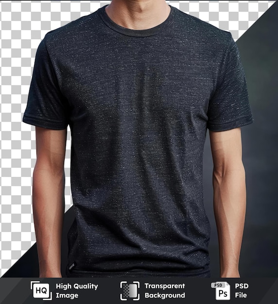 PSD transparent background with isolated front view capture a premium t shirt charcoal technical materials fabric label