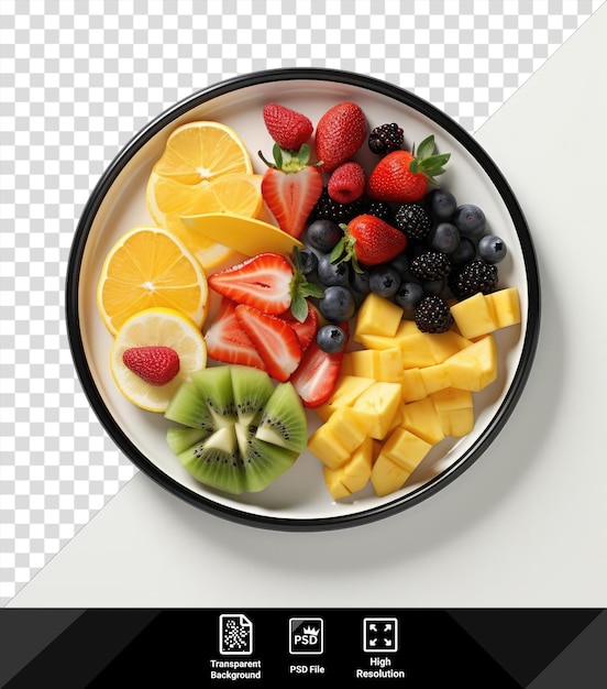 PSD transparent background with isolated fruit platter a plate of assorted fruits including sliced strawberries lemons and blackberries