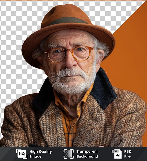 PSD transparent background with isolated full length portrait of an elderly man with glasses and hat posing with crossed arms