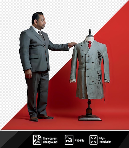 Transparent background with isolated funny male tailor on isolated background featuring a black and gray suit with a red tie standing in front of a red wall with a hand visible in the foreground