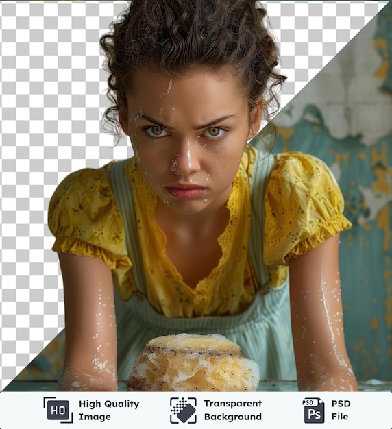 PSD transparent background with isolated furious young woman cleaning floor by sponge