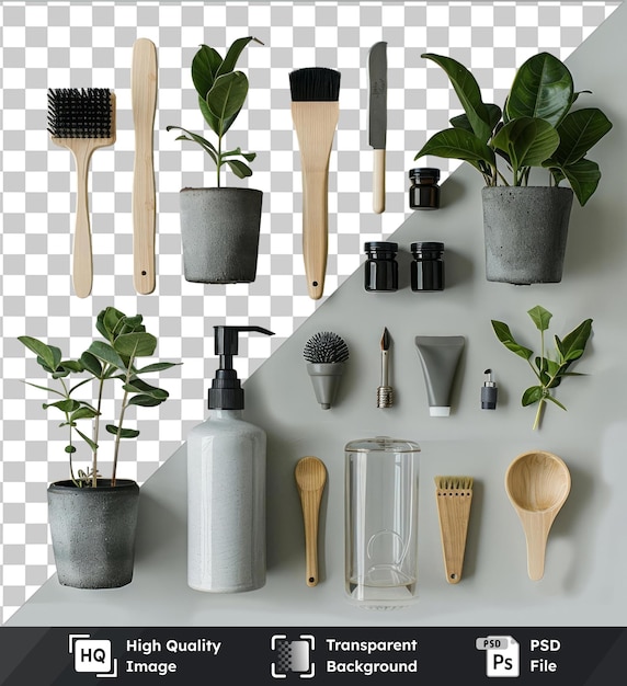 PSD transparent background with isolated gardening and plant care set featuring a wood spoon black and gray pot green plant white wall black brush white and silver bottle and wood spoon