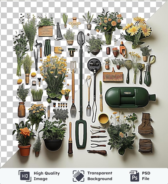 Transparent background with isolated gardening tools set yellow flowers potted plants and a green bottle on a white wall