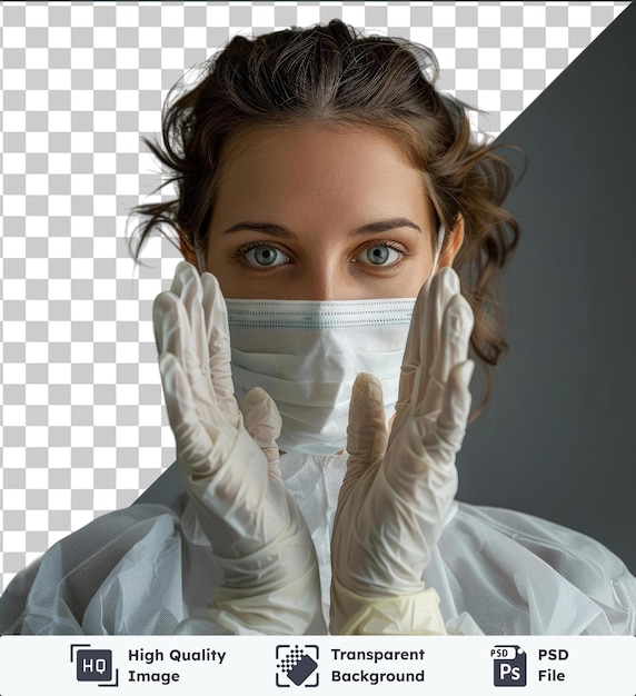 PSD transparent background with isolated girl in medical clothes wearing gloves and a mask shows a sign of prohibition
