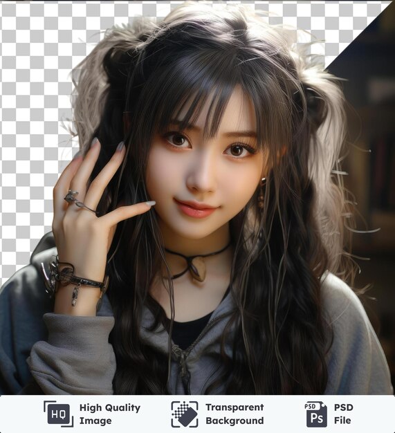 PSD transparent background with isolated a girl with long hair wearing a gray shirt and black tie accessorized with a silver ring on her finger and a black bracelet on her wrist her brown