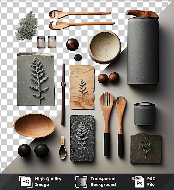 PSD transparent background with isolated gourmet japanese cooking tools set on a table