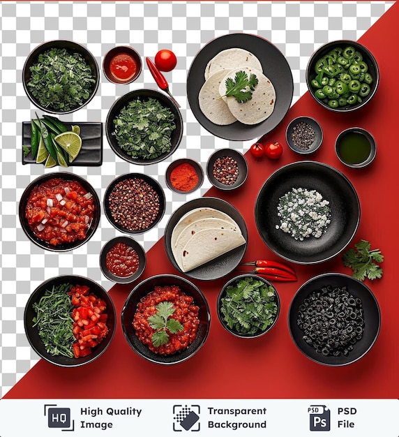 PSD Прозрачный фон с изолированным мексиканским кулинарным набором с черно-красными и черно-черными мисками