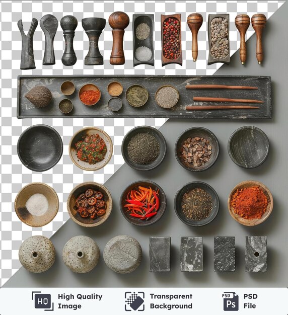 Transparent background with isolated gourmet persian cooking set featuring a variety of bowls and utensils including a silver spoon brown and wood spoon black and brown bowl round bowl