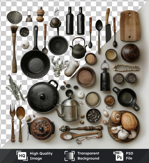 PSD transparent background with isolated gourmet russian cooking set featuring silver spoons a black pot and a wood spoon on a transparent background